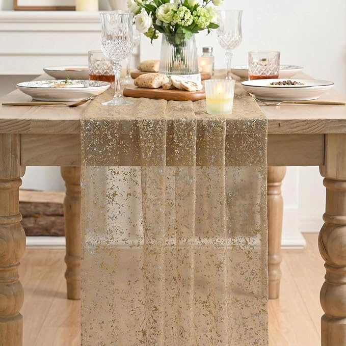 Artoid Mode 6PC Coffee Gold Gauze Table Runner 120 Inch 10FT, Glitter Metallic - Image 2
