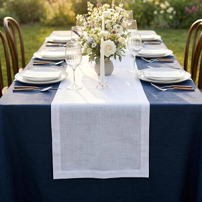 Solino Home 100% Pure Linen Table Runner White, Fete 14 x 120 Inch Long | Table - Image 3