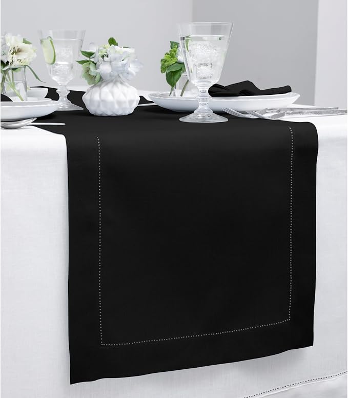 Solino Home 100% Pure Linen Dining Table Runner Black Hemstitch, 14 x 90 in | - Image 2