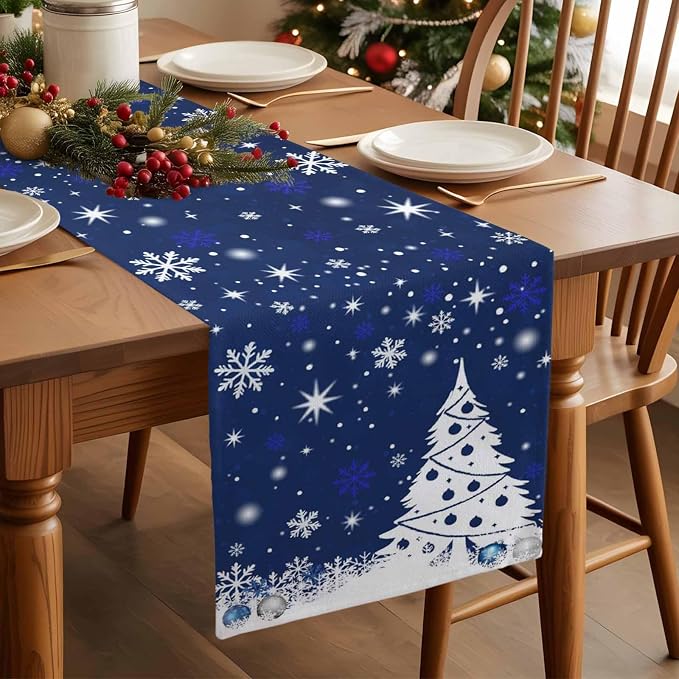 Navy Blue Christmas Tree Table Runner 90 Inches Long, Xmas Balls Snowflake - Image 3