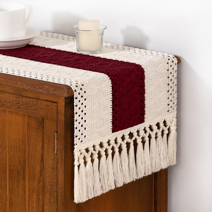 DeZerlor Ivory&Burgundy Boho Macrame Farmhouse Woven Table Runner 60Inch | - Image 4
