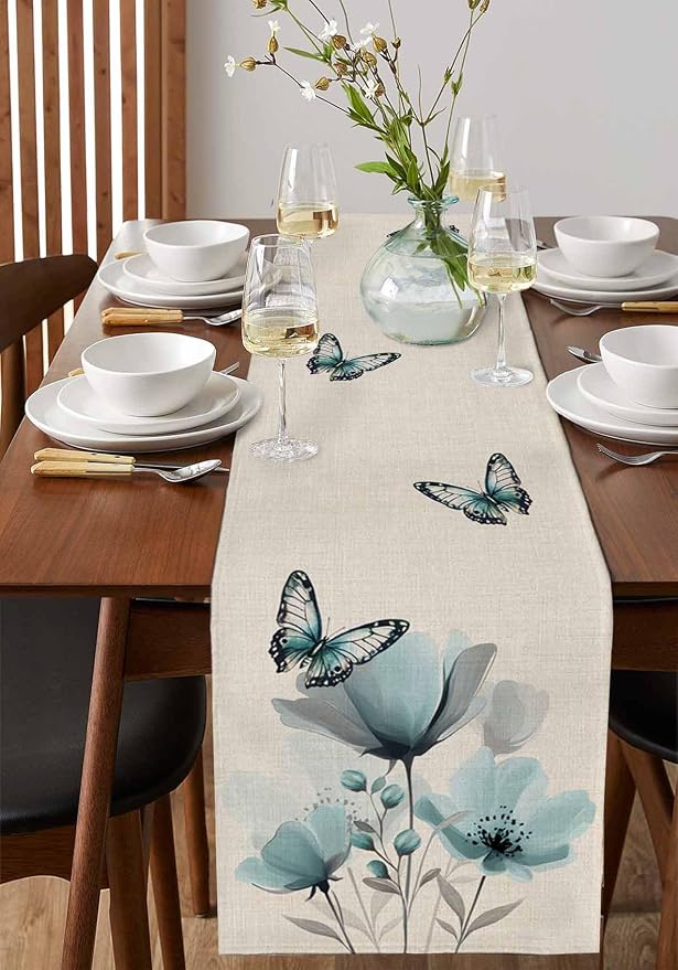 Turquoise Floral Table Runners 72 Inches Long, Spring Flowers Butterfly Table - Image 2