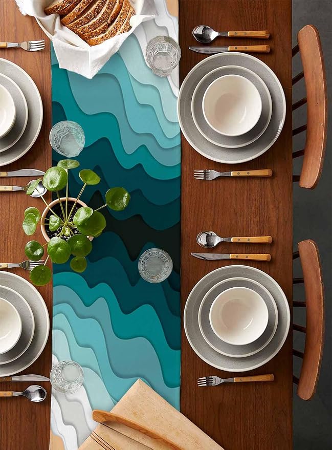 Turquoise Geometric Beach Table Runners 120 Inches Long, Cotton Linen Fabric - Image 5