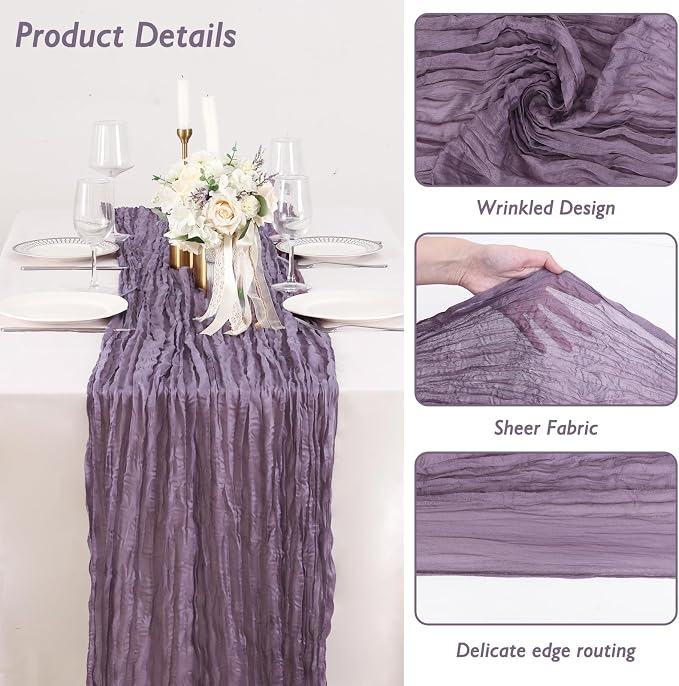 8 Pack Dusty Purple Cheesecloth Table Runner 120 Inch Boho Wedding Decor | - Image 3