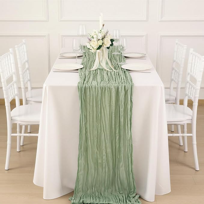 1 Pack Sage Green Cheesecloth Table Runner 120 Inch Boho Wedding Decor | - Image 4