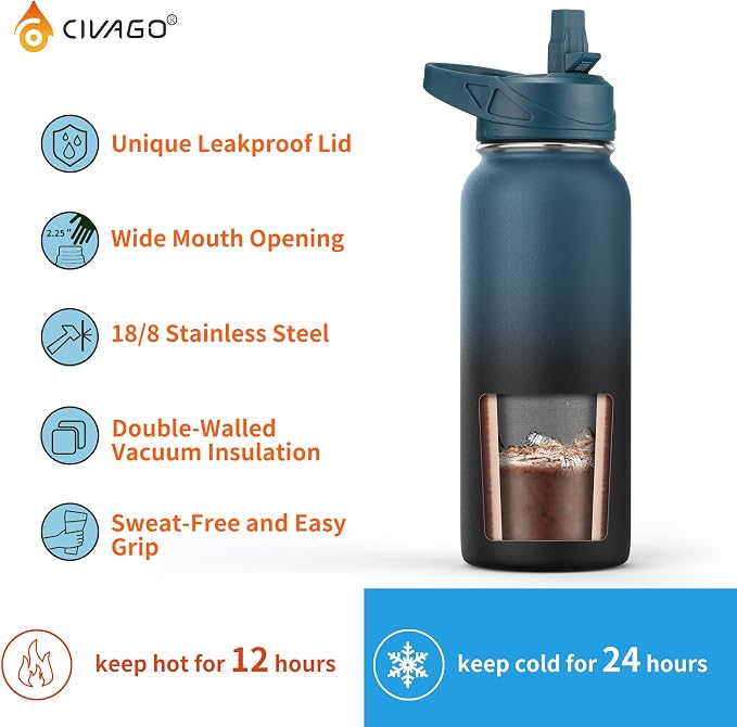 CIVAGO 32 oz Insulated Stainless Steel Water Bottle - Image 3