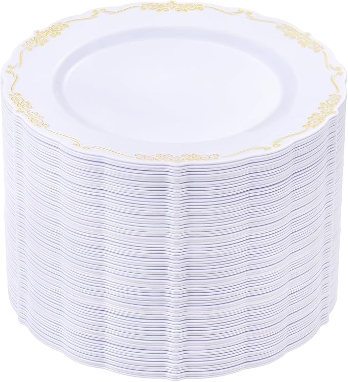 DaYammi 60PCS White and Gold Plastic Plates, Disposable Heavy Duty Plates by DaYammiwillaccompanyyou