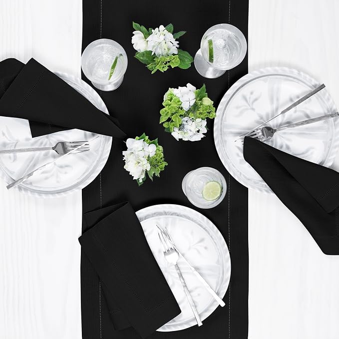 Solino Home 100% Linen Table Runner Black, Classic Hemstitch 14 x 156 in | - Image 3