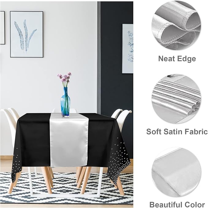 8Pack Disposable Plastic Tablecloths and Satin Table Runner Set Black and - Image 3