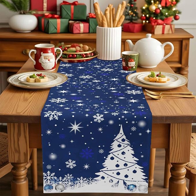 Navy Blue Christmas Tree Table Runner 90 Inches Long, Xmas Balls Snowflake - Image 5