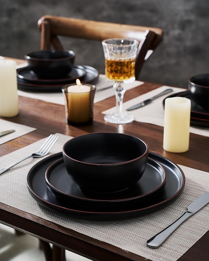 Famiware Mercury 12-Piece Stoneware Dinnerware Set, Matte Black | Plates and - Image 3