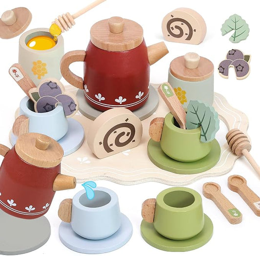 Wooden Tea Set for Little Girls, Play Food Sets for Kids Pretend Play Kitchen by Masonbaby