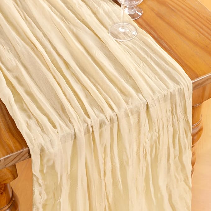 DeZerlor Beige Cheesecloth Table Runner 1 Pack Summer Boho Runner | 120Inches - Image 4