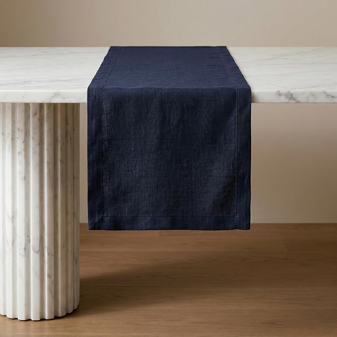 Solino Home 100% Pure Linen Dining Table Runner Navy, Fete 14 x 108 in Long | by SolinoHome