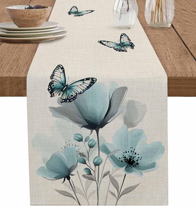 Turquoise Floral Table Runners 120 Inches Long, Spring Flowers Butterfly Table by Unknown