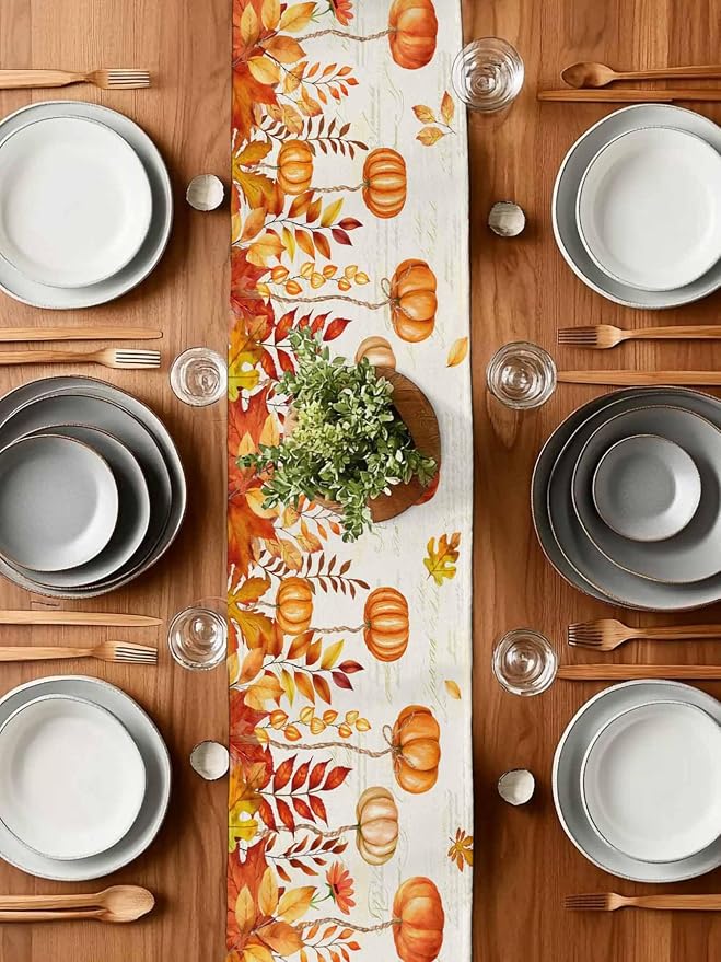 Orange Pumpkin Fall Table Runner 120 Inches Long, Thanksgiving Maple Eucalyptus - Image 7