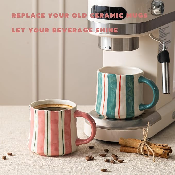 Striped Ceramic Coffee Mugs Set of 2, Tea & Cocoa, 12oz Dishwasher & Microwave - Image 8