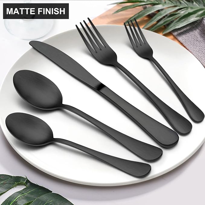 LIANYU 30 Piece Matte Black Silverware Set, Satin Finish Black Flatware Cutlery - Image 3