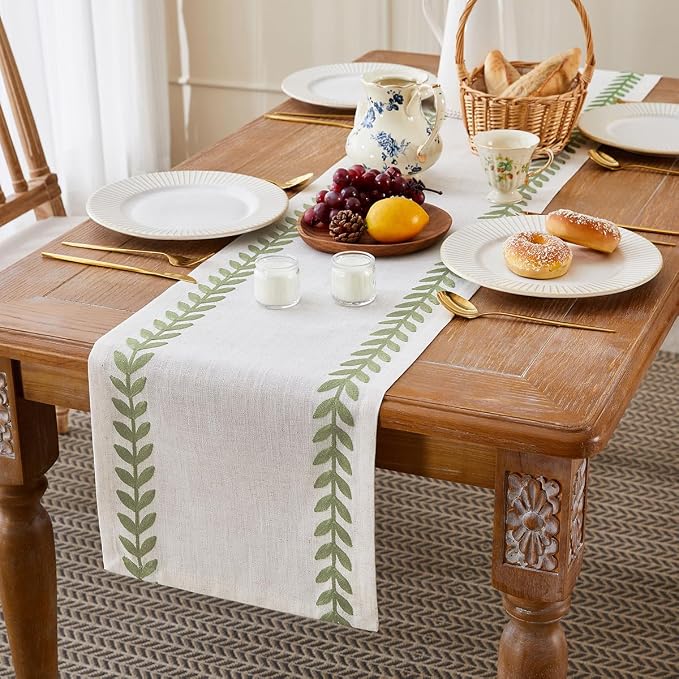 Wracra Embroidered Table Runner, Sage Green Table Runners 72 Inches Long | - Image 3