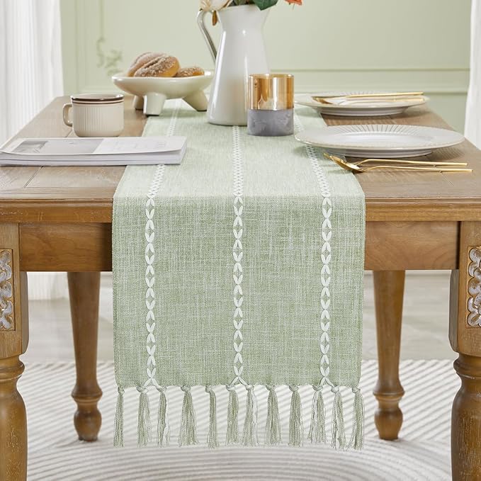 Wracra Rustic Linen Table Runner, Sage Green Table Runners 108 inches Long | - Image 7