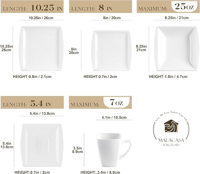 MALACASA 30 Piece Porcelain Dinnerware Set, Square Plates and Bowls - Image 2