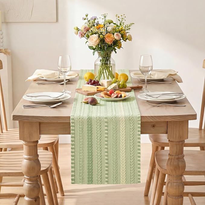 Artoid Mode Sage Green Farmhouse Stripe Braided Table Runner 12x60 Inch | - Image 2