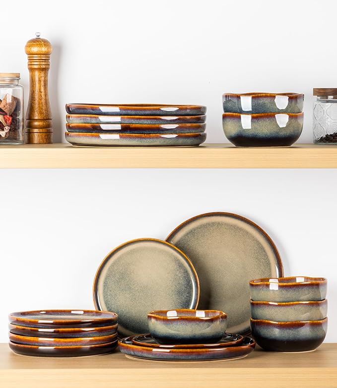 Ceramic Dinnerware Set for 4, 12-Piece Plates and Bowls Set | Handmade Reactive - Image 7