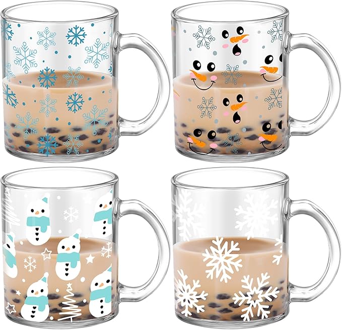 Tioncy 4 Pcs Winter Coffee Glass Mugs 12 oz Christmas Snowman Glass Cups by Tioncy
