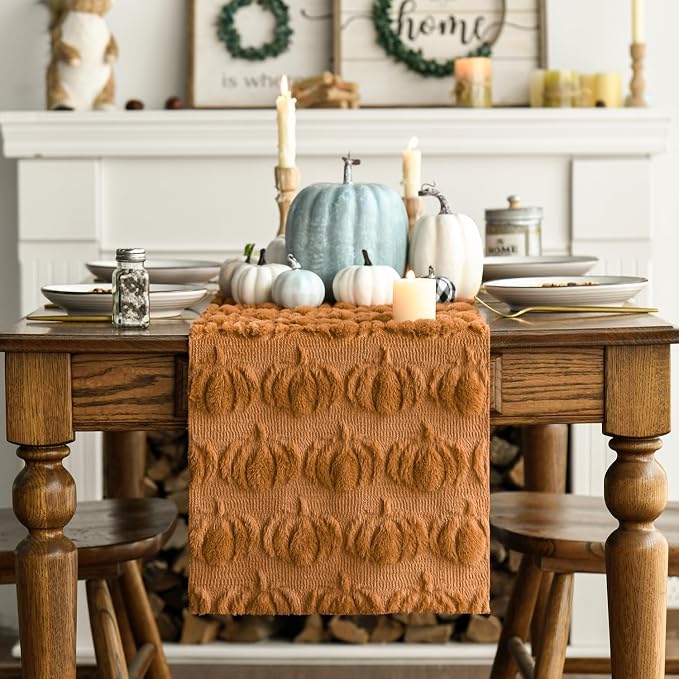 Artoid Mode Caramel Soft Faux Fur Pumpkins Fall Table Runner 13x36 Inch | - Image 3