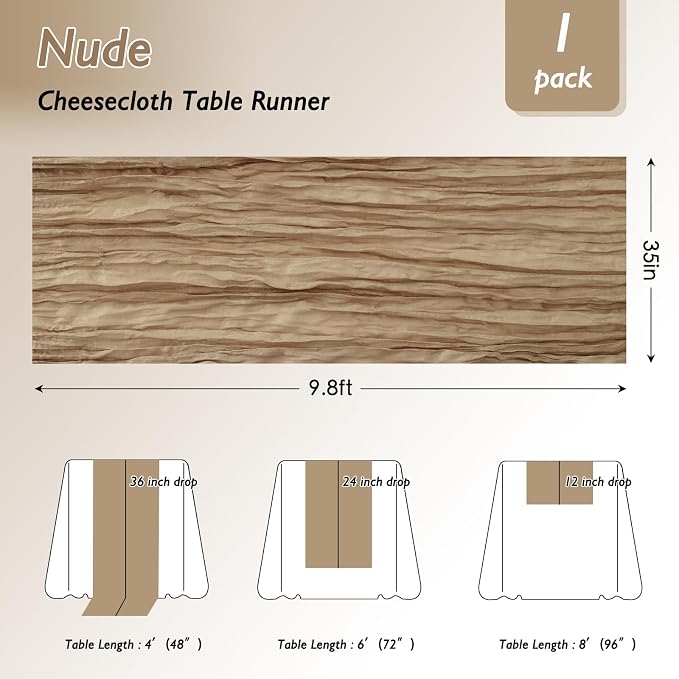 3 Pack Nude Cheesecloth Table Runner 120 Inch Boho Wedding Decor | Cheesecloth - Image 2
