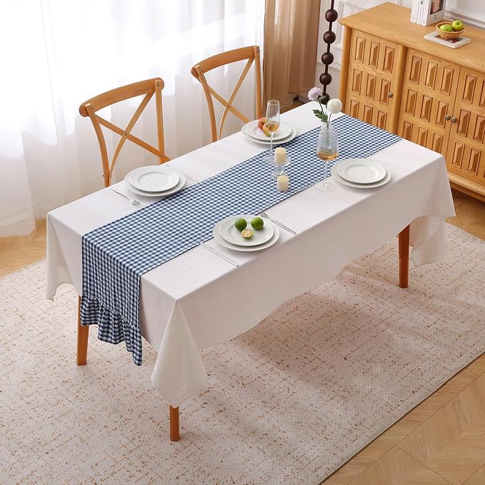 Navy Blue White Plaid Gingham Ruffle Table Runner 108 inches Long 100% Washed - Image 2