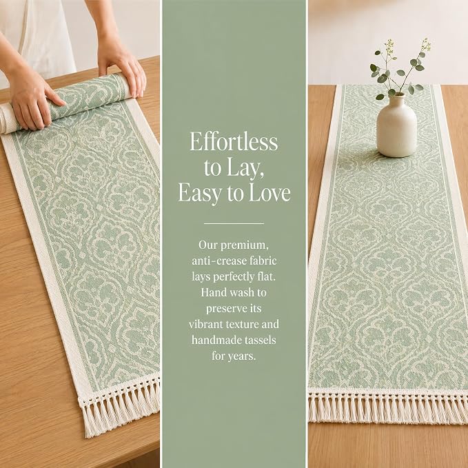 14x83 Botanical Table Runner Waterproof Floral Vine Boho Tassels | Hosting a - Image 7