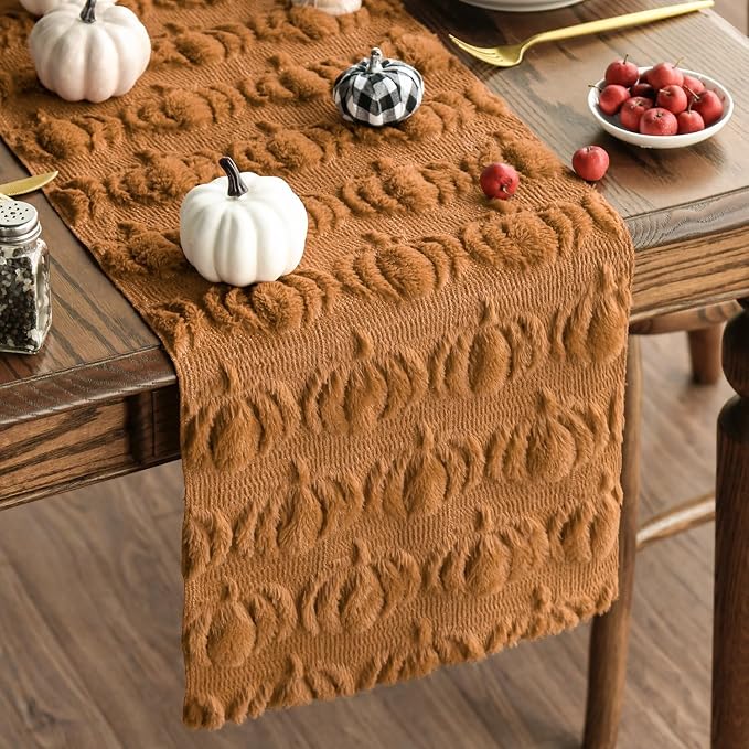 Artoid Mode Caramel Soft Faux Fur Pumpkins Fall Table Runner 13x60 Inch | by ArtoidMode