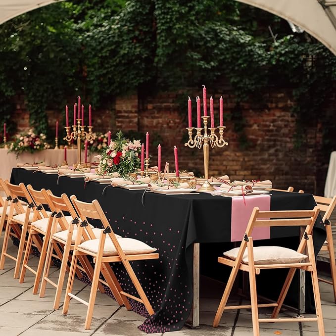 8Pack Disposable Plastic Tablecloths and Satin Table Runner Set Black and Rose - Image 7