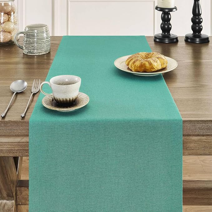 Basic Linen Style Table Runner, 14x90 Inch Teal | Mitered Corner Design - Image 5