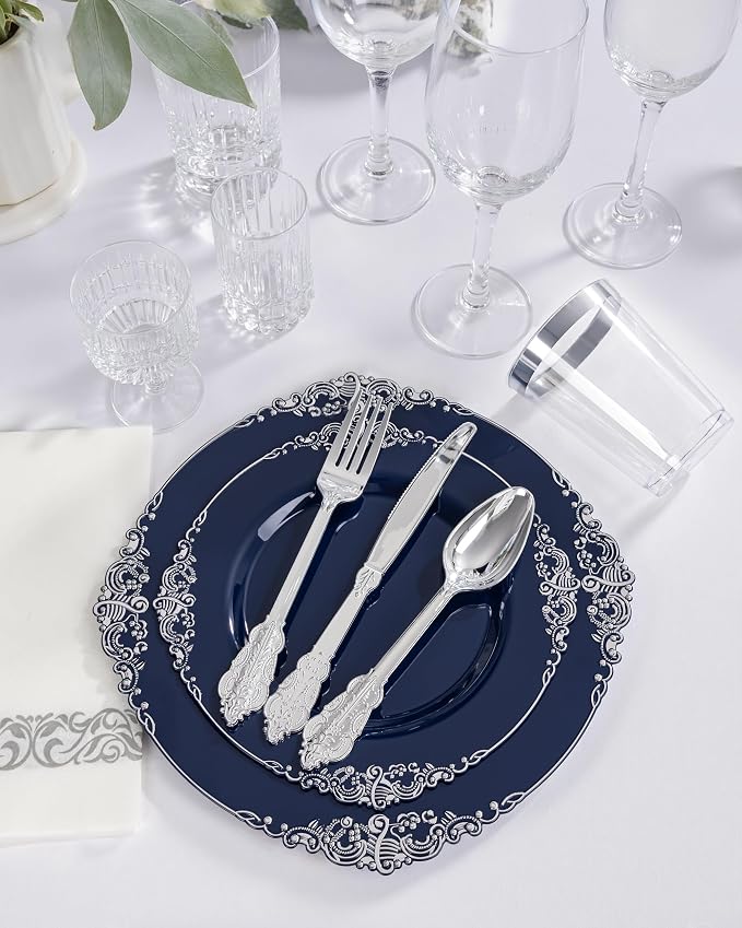 350 Pcs Blue Silver Plates for Graduation | Blue Party Plates Set for 50 Guests - Image 4