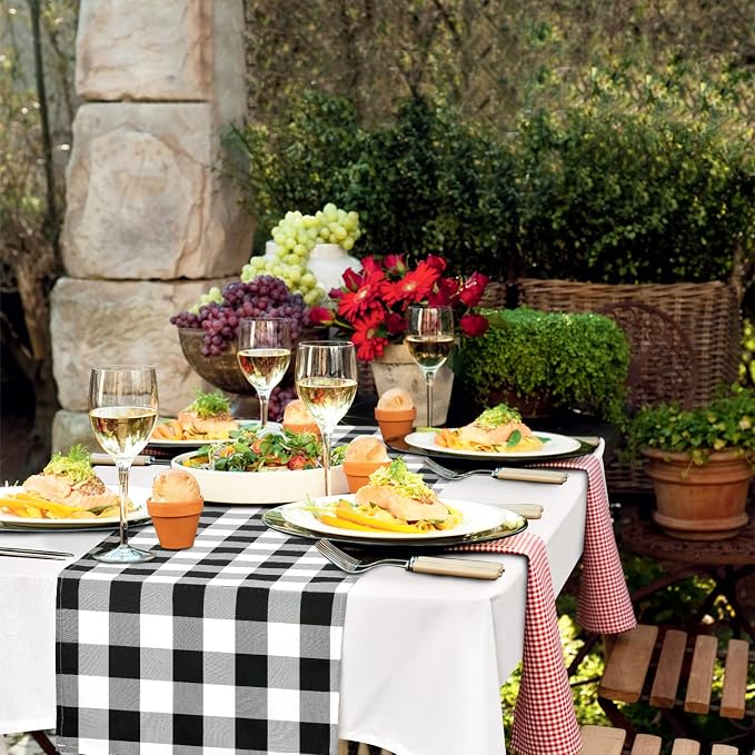Buffalo Plaid Table Runner Black and White 14W x 72L, 1 Piece | Waterproof - Image 3