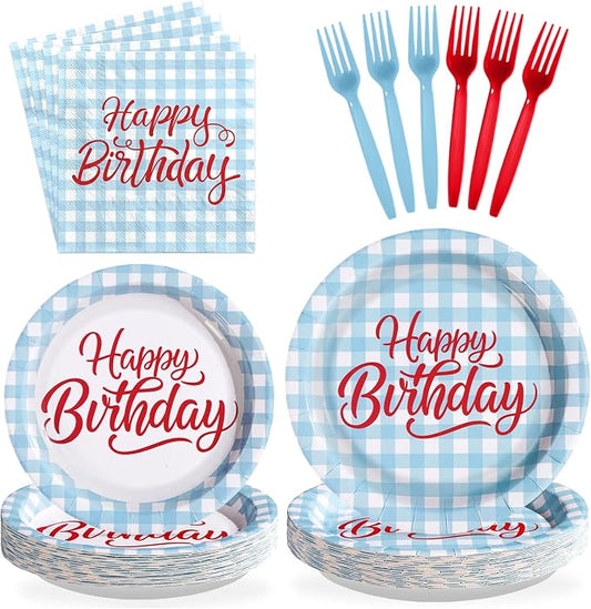 96 Pcs Blue Gingham Birthday Party Decorations, Serves 24 | Blue and White by Greencian