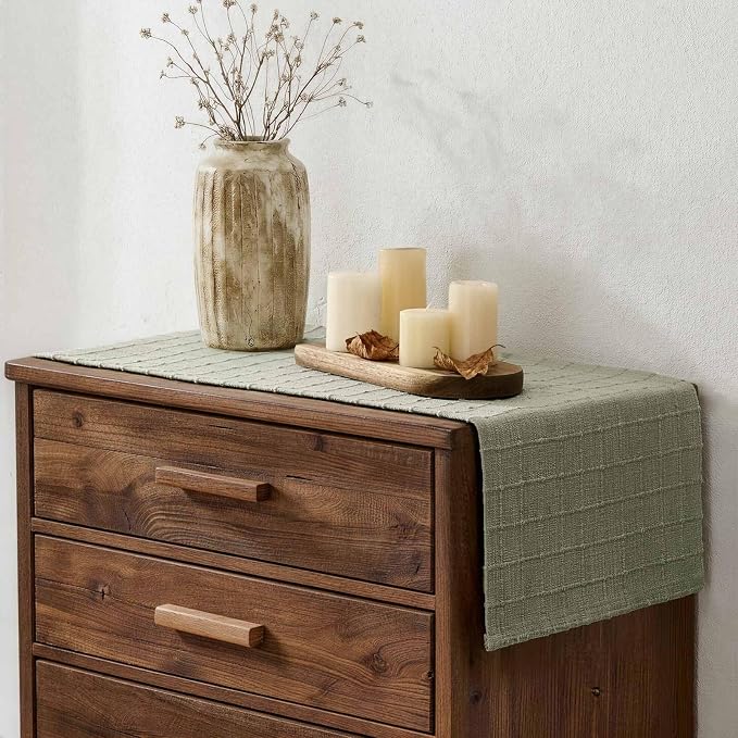 Artisanal Grid Linen Table Runner, 13x72 Inches Seeding Green | Heavy Textured - Image 3
