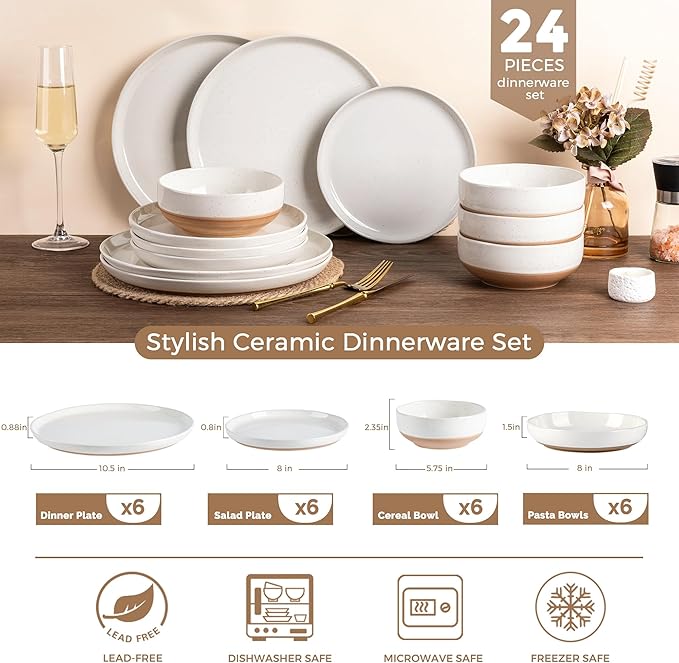 AmorArc Dinnerware Sets for 6, 24 Pieces Ceramic Plates and Bowls Set | Scratch - Image 3