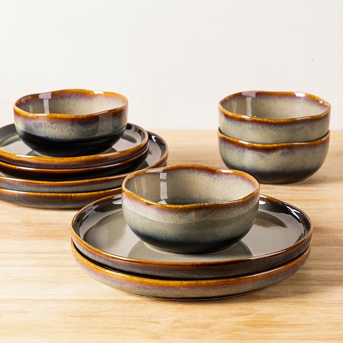 Ceramic Dinnerware Set for 4, 12-Piece Plates and Bowls Set | Handmade Reactive - Image 4