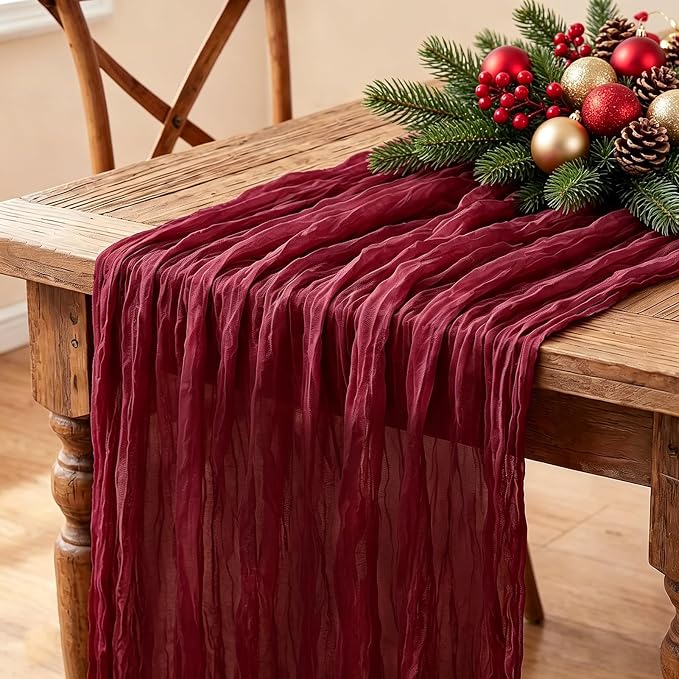 Burgundy Table Runner, 10FT Boho Rustic Burgundy Maroon Table Runner 120inch by Miucat