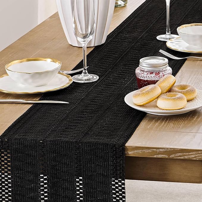 Macrame Style Boho Table Runner, 12x108 Inch Black | Woven Boho Table Runner - Image 5