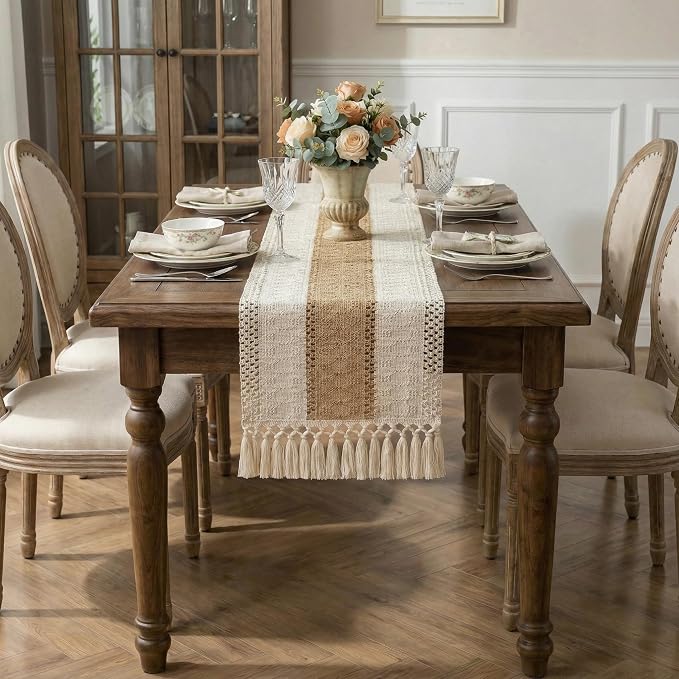 Burlap Boho Table Runner Macrame Brown 48in Farmhouse Woven Runner | Burlap - Image 7