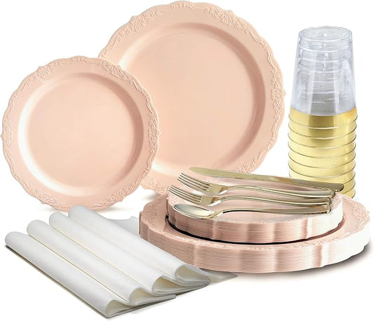 " OCCASIONS " 200 Piece set-Vintage Wedding Party Disposable Plastic Plates & by OCCASIONSFINESTPLASTICTABLEWARE