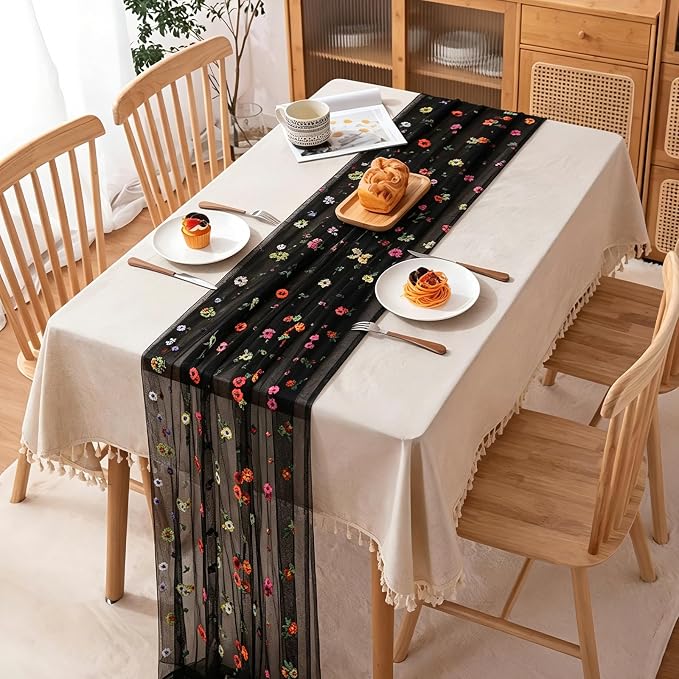 BINBE 6pcs Black Daisy Spring Table Runner Embroidery Gauze 10FT Florals - Image 3