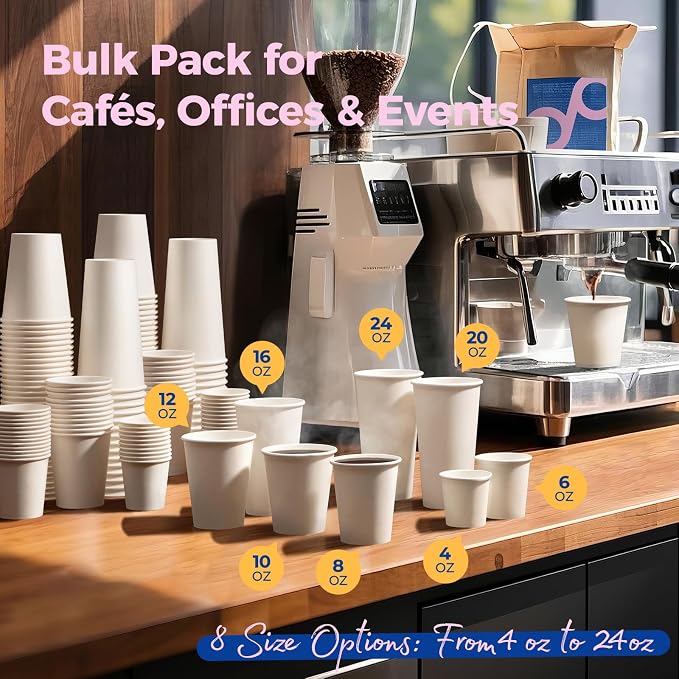 Fit Meal Prep 200 Pack 8 oz Disposable Paper Coffee Cups, Premium White Hot Cups - Image 6