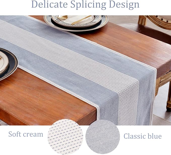 Wracra Linen Table Runner, Stripe Table Runners 72 Inches Long Blue | Delicate - Image 3