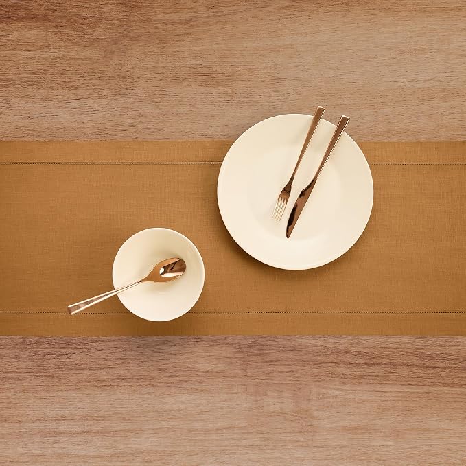 Solino Home 100% Pure Linen Table Runner Brown Sugar Hemstitch, 14 x 144 in | - Image 3