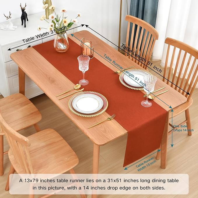 Faux Linen Table Runner Water Resistant 13 x 60 in, Rust | Farmhouse Rustic - Image 2